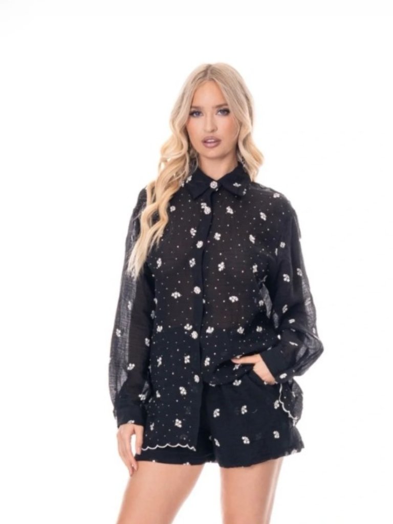 Black Embellished Sheer Button-Down Long Sleeve Blouse